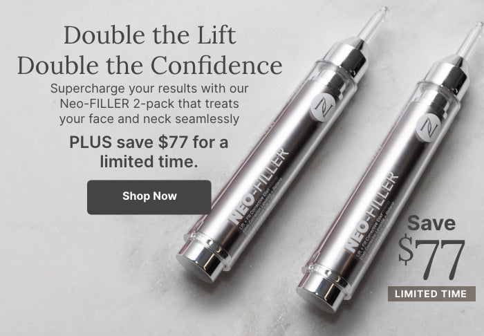 A 2-pack of Neo-FILLER tubes. Accompanying text mentions supercharging your skincare results with the Neo-FILLER 2-pack. Plus, save $77 for a limited time.